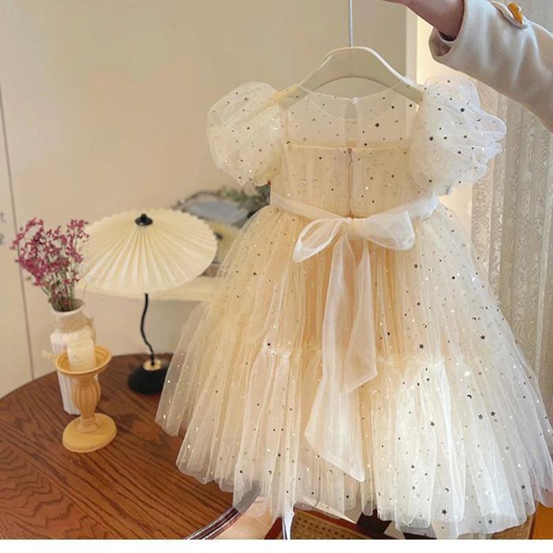 Dress Girls Princess Birthday Party Bow Summer Skirt Baby Girl's Bubble Sleeve Mesh Sequin Sweet Cute