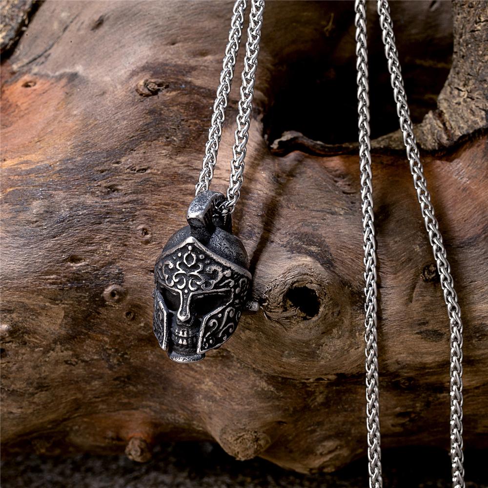 Ancient Greece Spartan Warrior Helmet Necklaces Men Stainless Steel Norse Vikings Skull Pendant Vintage Male Jewelry Gothic Gift