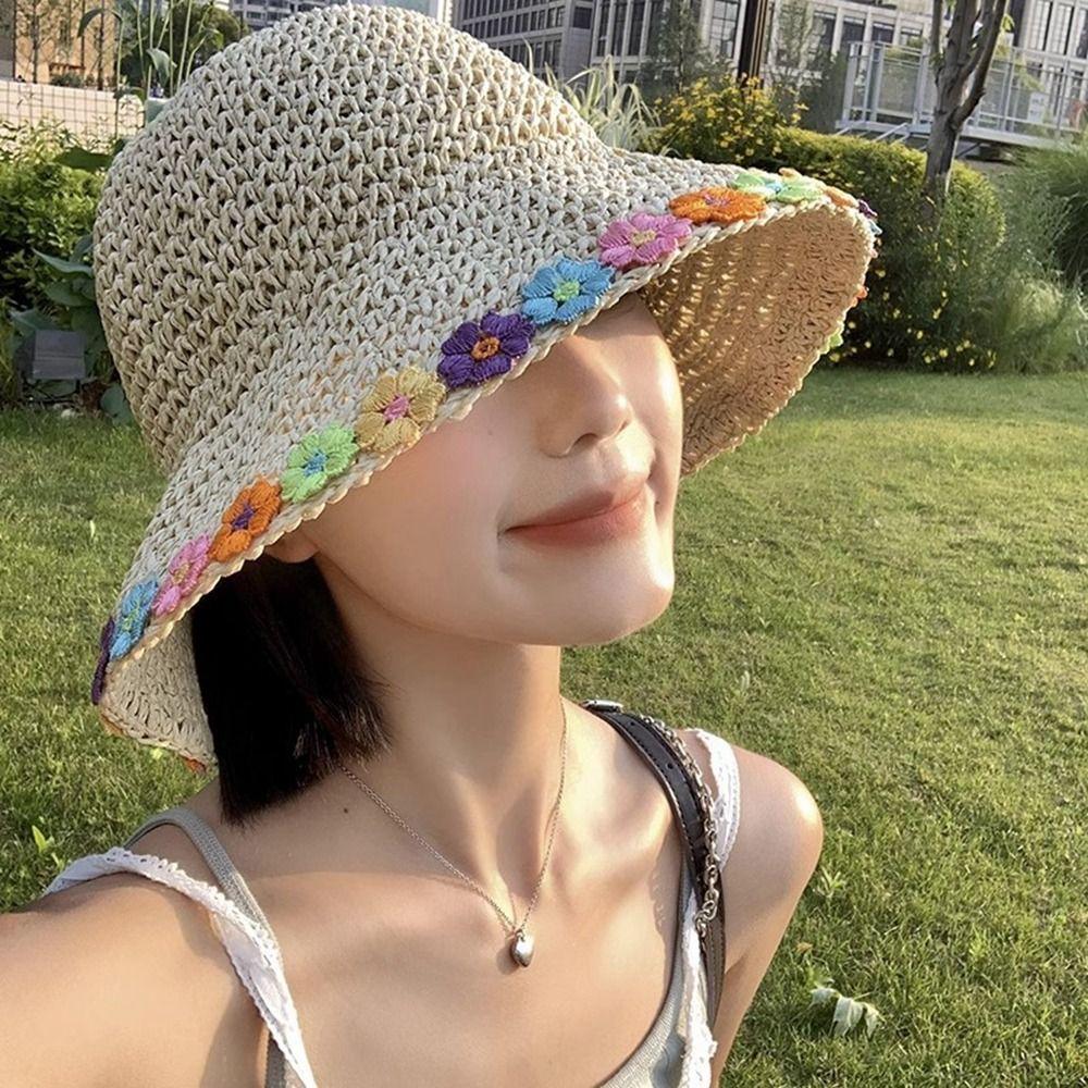 

Flower Beach Hat Boho Weave Straw Cap Sweet Lafite Straw Hat Summer