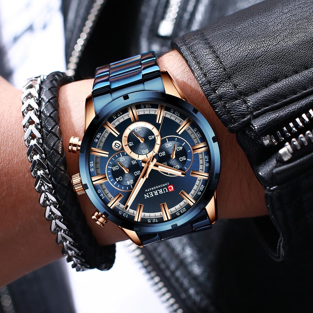 Curren Herrenuhr Blaues Zifferblatt Edelstahlarmband Datum Herren Business Herrenuhren Wasserdicht Luxus Herren Armbanduhren für Herren
