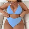 Women's Plus Size High Waist Bikini Set, Solid Color Halter Strap Tummy Control Two Piece Swimsuit