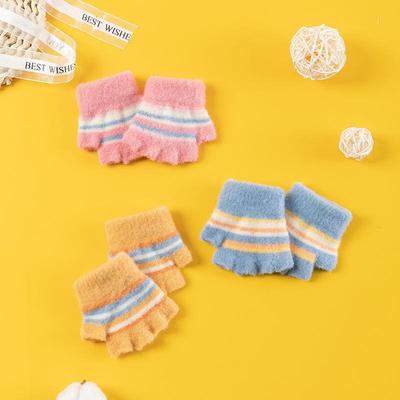 Spot Xuehuaxiu Children's Thermal Gloves Factory Wholesale Baby Knitted Striped Nylon Autumn and Winter Half-finger Gloves