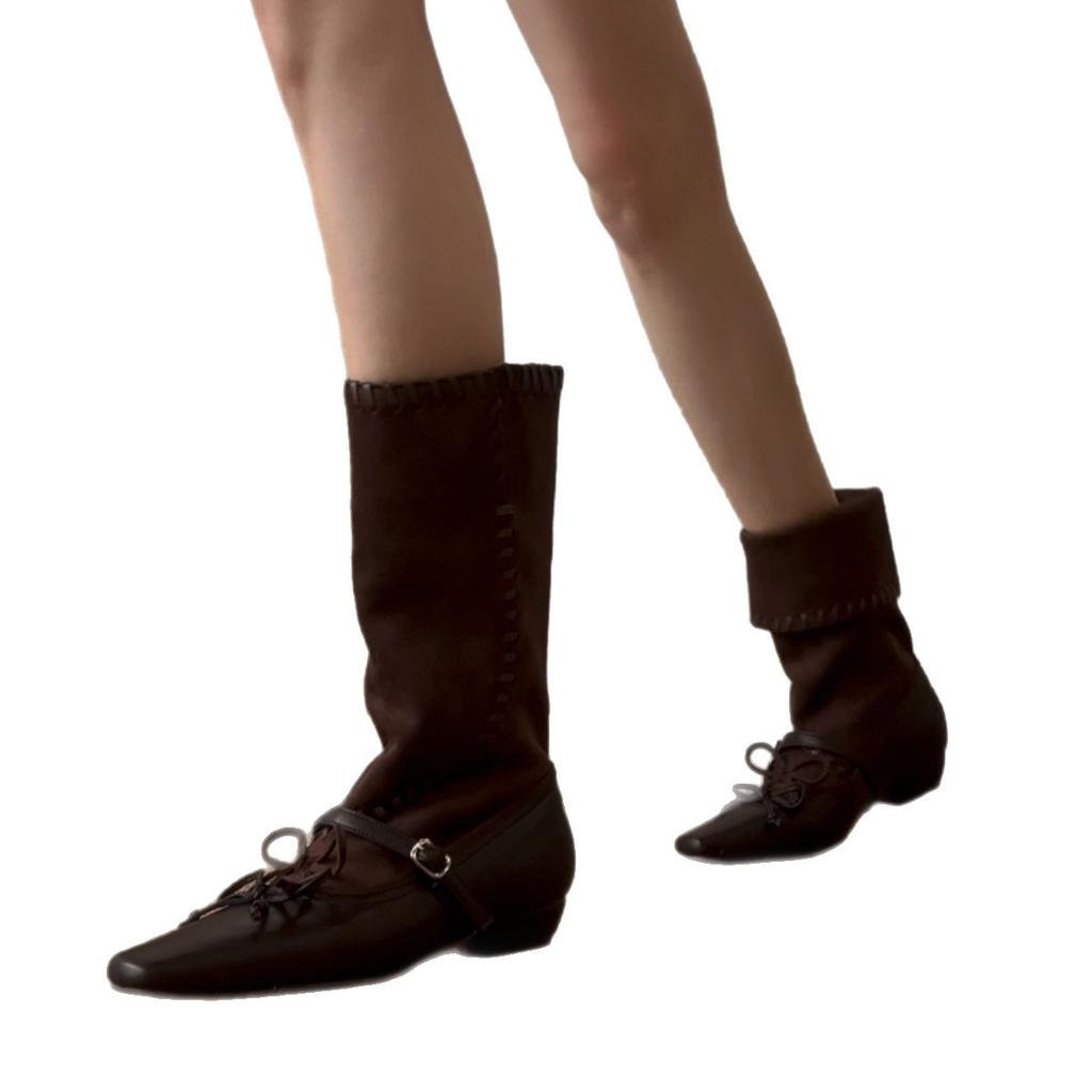 Niche Woven Straps, Retro Square Head Medium Boots For Women, Two Wear Foldable Thick Heel Splicing Knight Boots