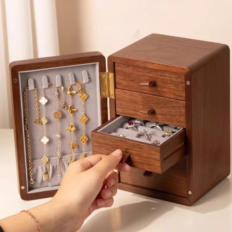 Vintage Wooden Jewelry Box Multi Layer Drawer Jewelry Storage Boxes Multifunctional Necklace Ring Earring Organizer Box