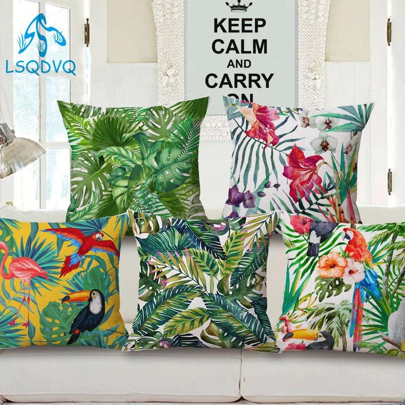 Monika Chen Unisex Green Tropical Plant Monstera Animals Parrot Square Pillow Cushion Cover For Sofa Car Home Capa De Almofadas 45X45cm