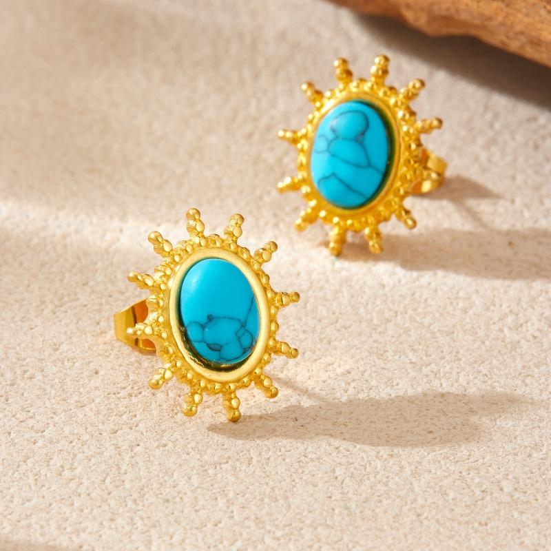 Gold Plated Stainless Steel Turquoise Sunburst Heart Pendant Necklace for Women