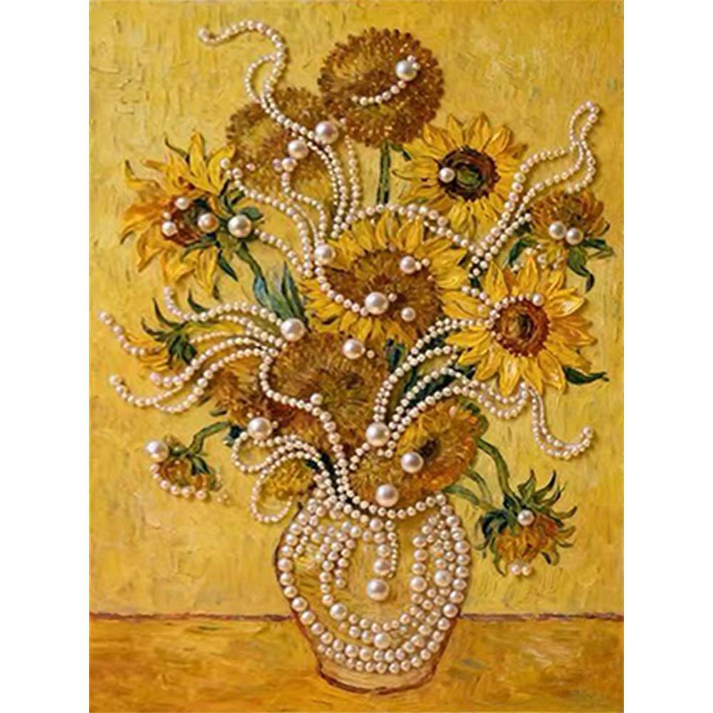 Pearl Sunflowers in The Vase DIY Diamond Art Kits 15.7x19.6inch Gem Art Diamond Painting Kits Without Frame for Adults Gift Idea Home Wall Decor