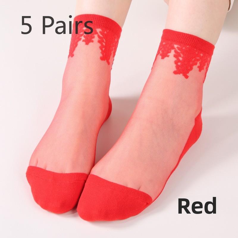 5 Pairs Socks for Women Spring/summer Thin Anti-hook Wire Glass Wire Mid-tube Socks Retro Crystal Stockings