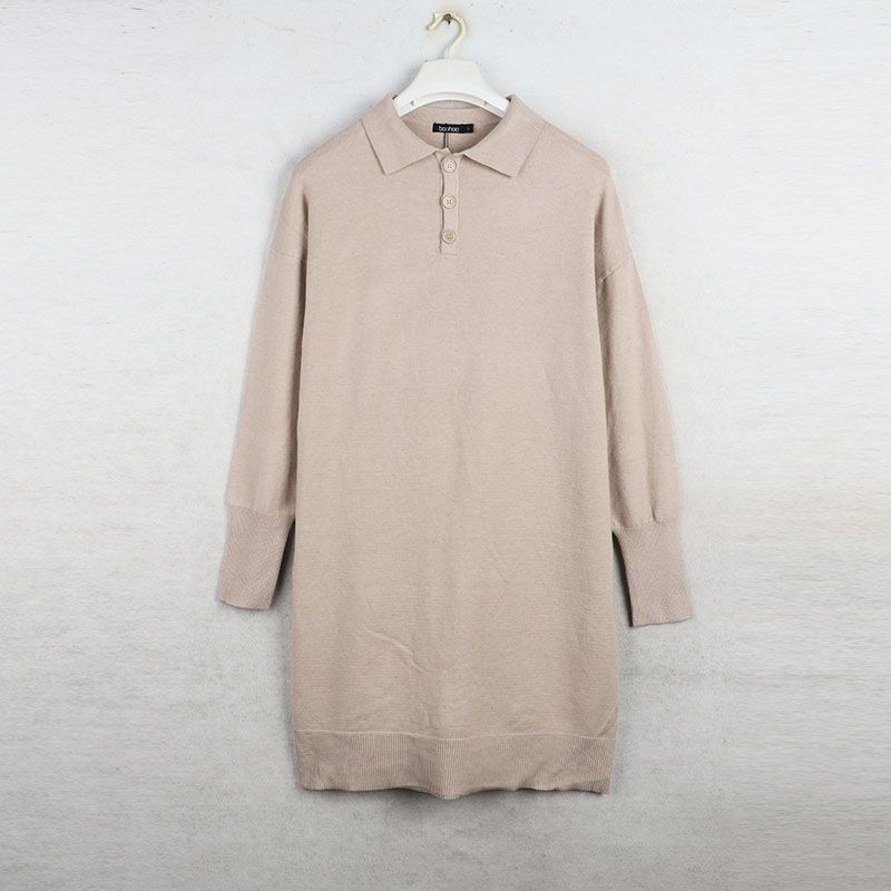 

Sunshine House Spring New Arrival Export European and American Women s Clothing Lapel Polo Collar Long Sleeves Knitting Dress Sweater Straight Skirt Apricot color M: Bust size 98-104