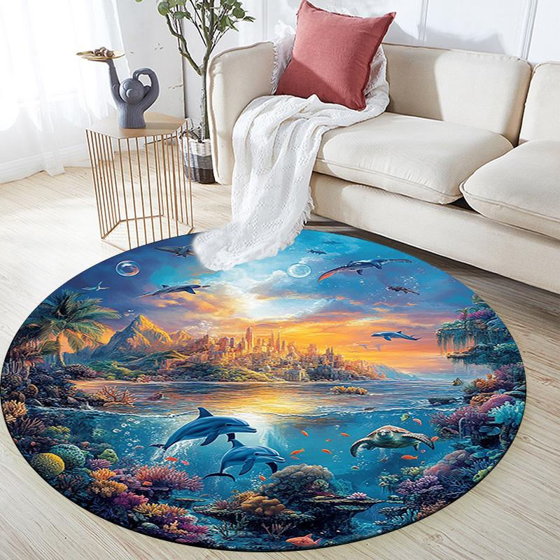 Dolphins Coral Round Area Rug,Carpet Rug for Living Room Bedroom Sofa Playroom Decor,Non-slip Floor Mat