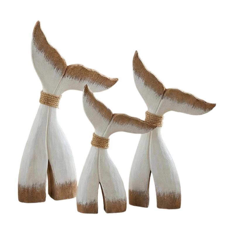 Carved Wooden Whale Tail Sculptures Rustics Wood Whale Tail Statues Table Ornament for Beach Mediterranean Home Decors