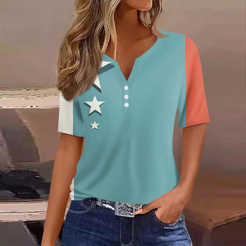 Women's T Shirt Tee Print Button Short Sleeve Daily Weekend Fashion Basic V- Neck Regular Top