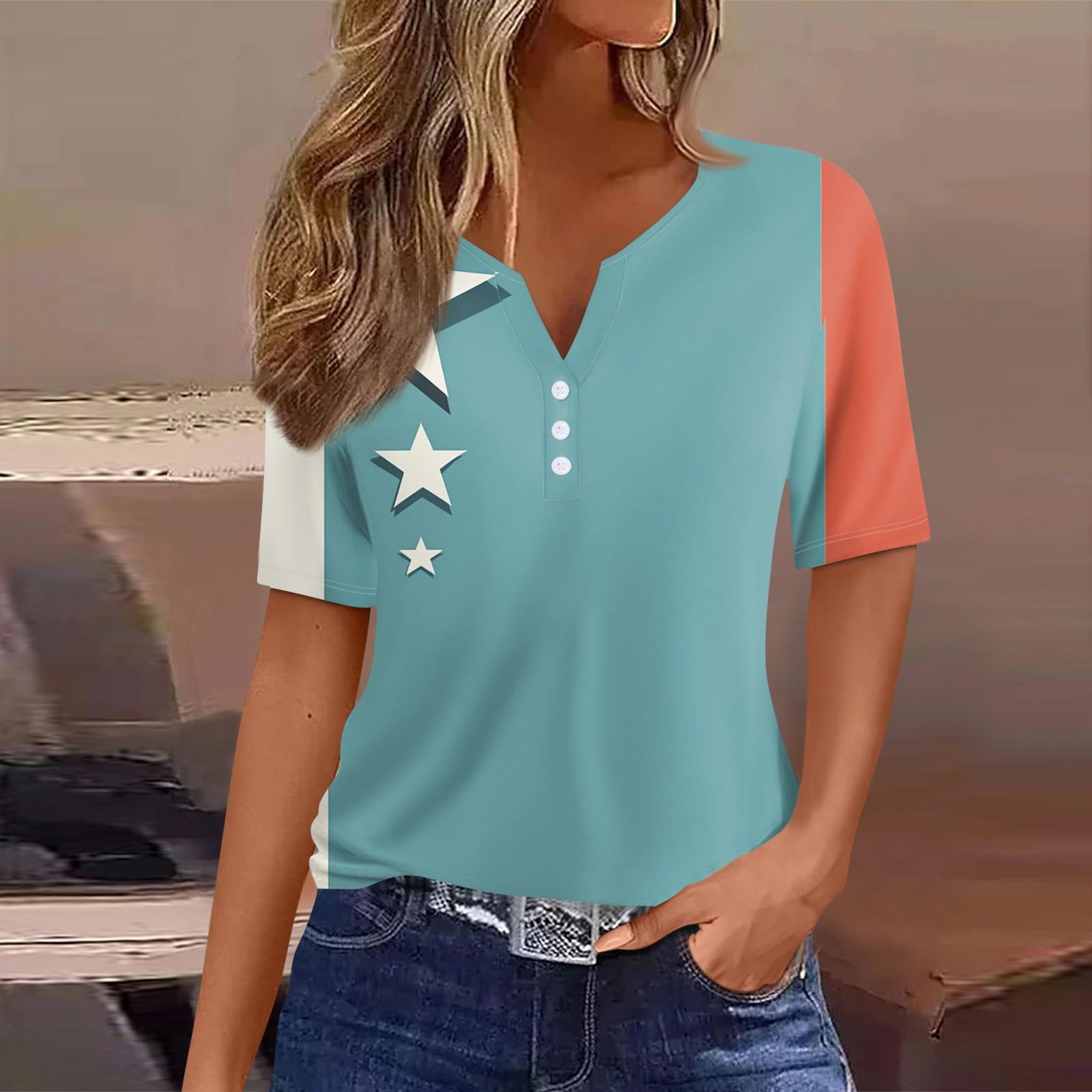 

Women s T Shirt Tee Print Button Short Sleeve Daily Weekend Fashion Basic V- Neck Regular Top XL