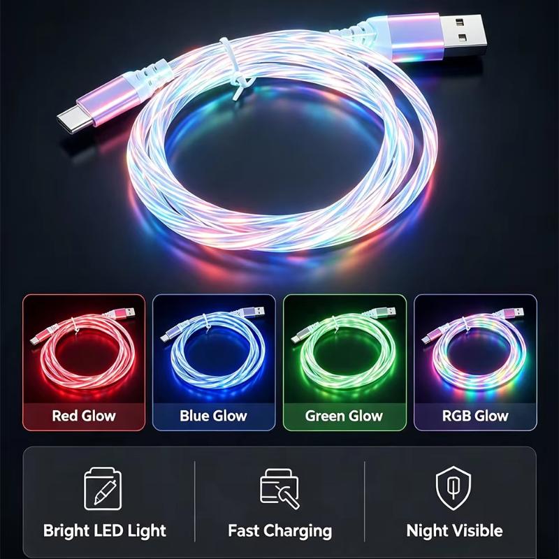 USB Fast Charging Cable LED Flowing Light Effect Waterproof Durable Cord for Car Outdoor Camping Phone Charge