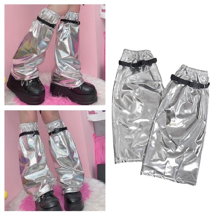 Aesthetic Fashion Buckle Strap Leg Warmer Streetwear Harajuku Boot Cover Metallic Shining Leg Sleeve Socks for Women
