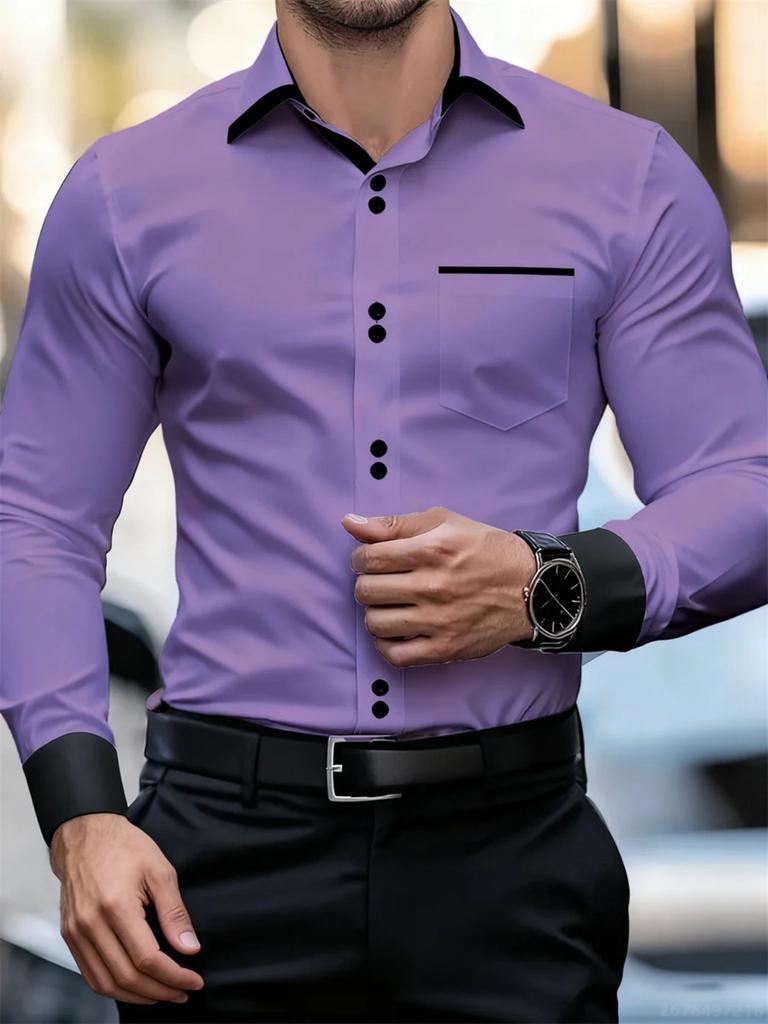 Men's Formal Long Sleeve Shirt, Slim Fit Contrast Detail, Perfect for Business Wear.