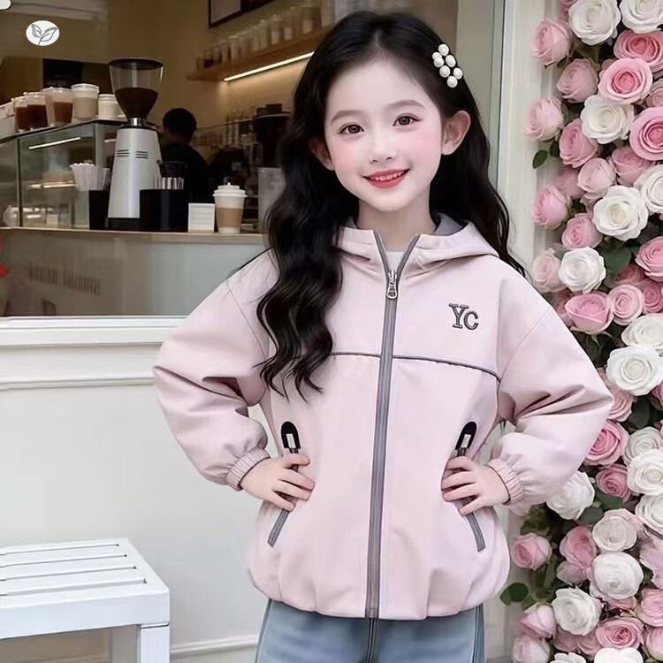 Girls' 2026 Autumn Double-Sided Letter Print Hooded Jacket - Medium & Large Kids Short Zip-Up Shirt