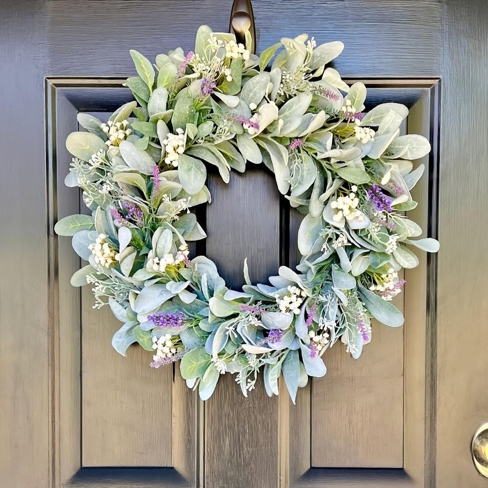 Flocked Lambs Ear Lavender Wreath Realistic Vivid Colors Spring Door Wreath Faux Flowers Handmade Door Hanging Wreath Front Door