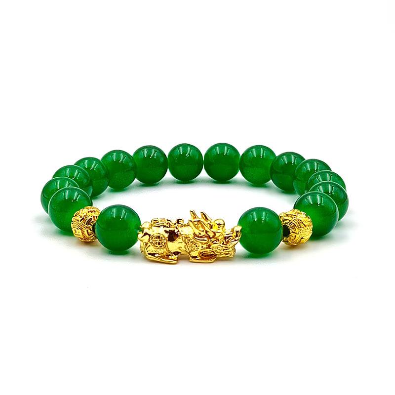 Green Agate Pixiu Wealth Attraction Bracelet - Round Beads Sand Gold Design, Best-Selling Jewelry with Single Circle.
