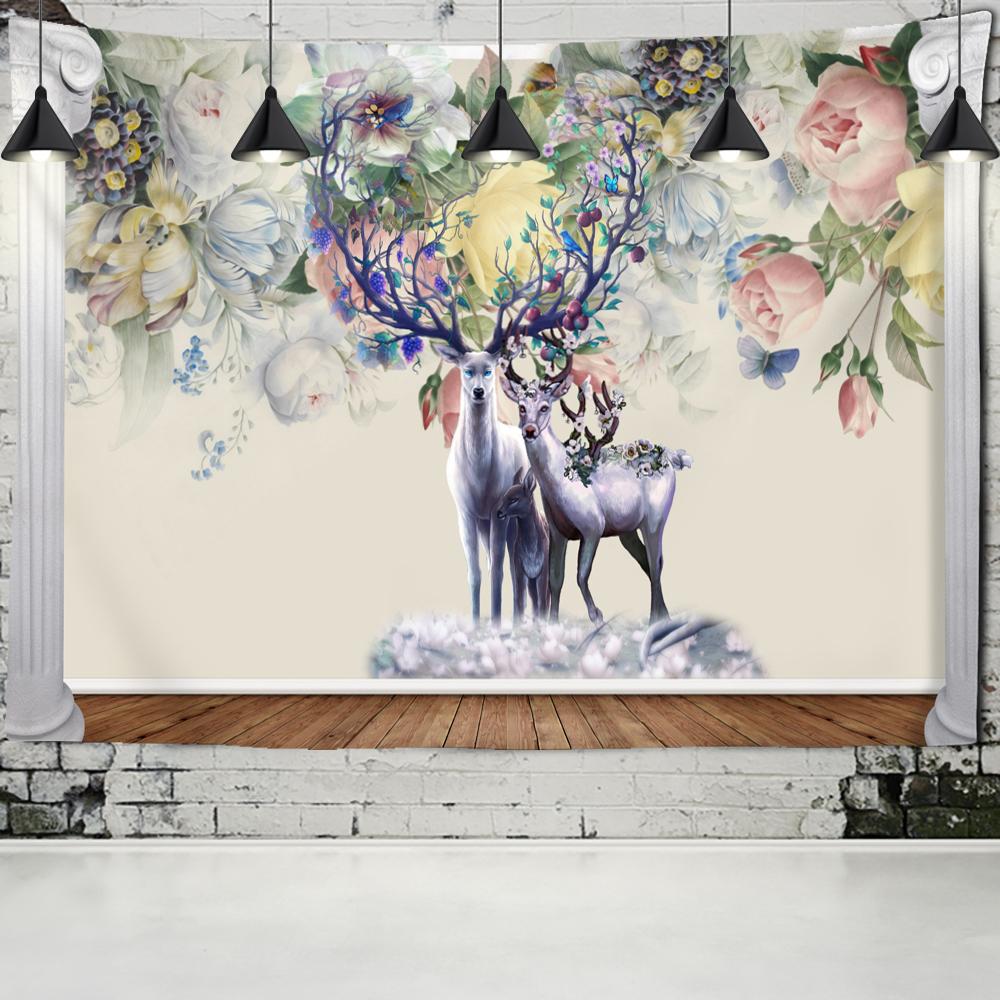 Colorful Cartoon Elk Forest Tapestry Wall Hanging Psychedelic Witchcraft Hippie Nature Scenery Home Decor Background Cloth