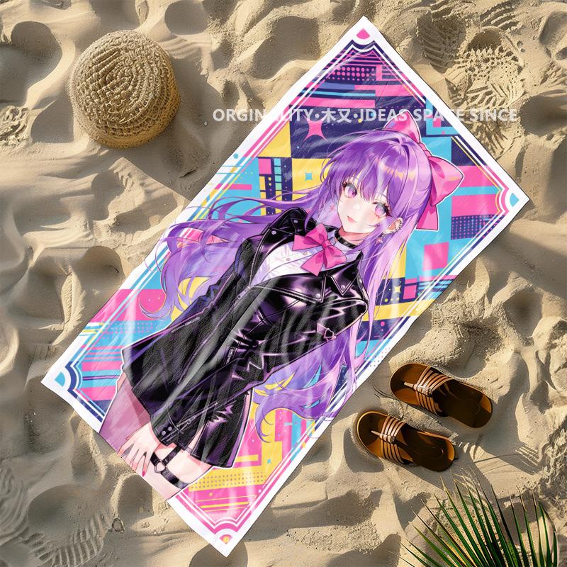 Y2K Purple Anime Girl Beach Towel Patterned Sunscreen And Windproof Suitable For Swimming Pool Camping Travel Blanket