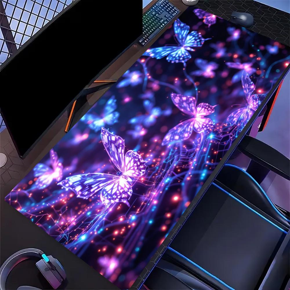 Non‑Slip Rubber Extended Keyboard Mousepad, Sparkly Galaxy Butterfly Purple‑Tone Desk Mat for Gaming Zone & Office Workstation