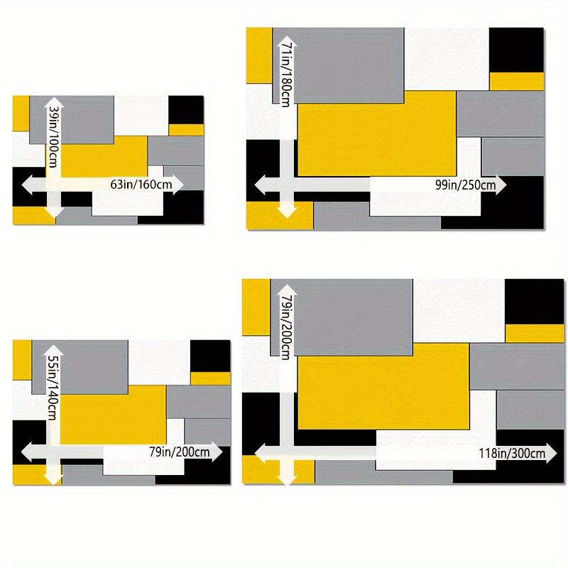 Large Plush Crystal Velvet Area Mat - Black, Yellow & Gray Geometric Grid Pattern, Non-Slip Backing, Machine Washable for Living