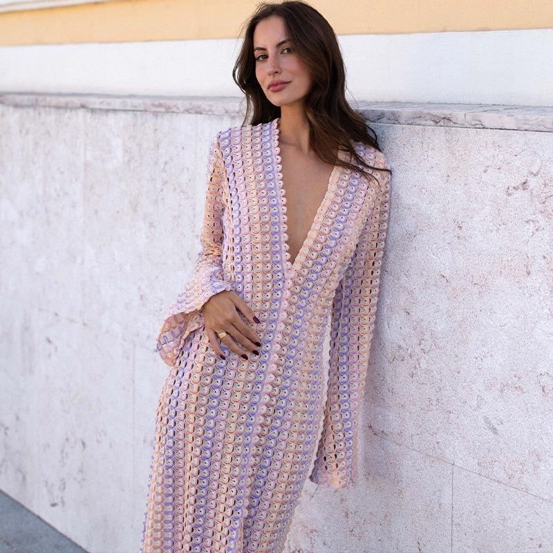 Women's V‑Neck Hollow Out Crochet Long Sleeve Maxi Dress Beach Cover‑Up Vacation Outfit
