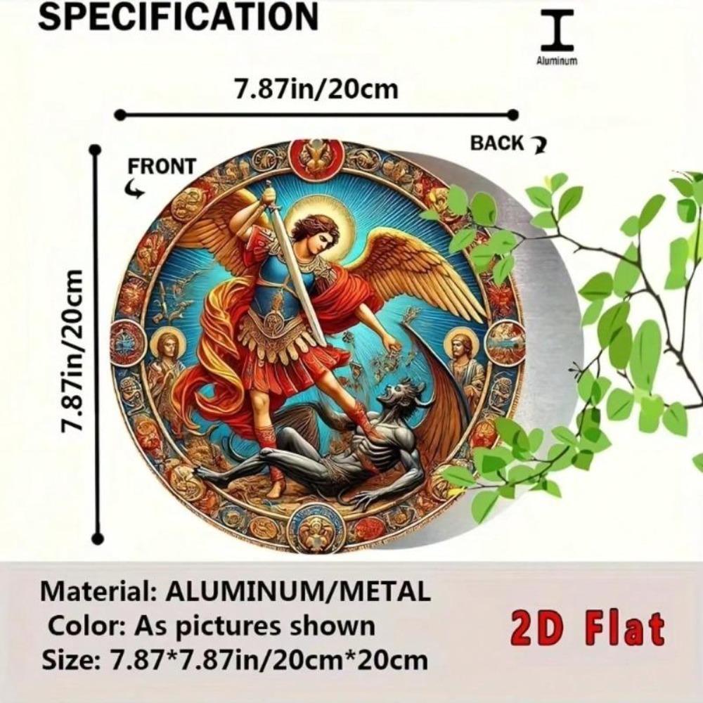 Vintage Round Archangel Michael Defeats Demon Metal Wall Art Aluminum Tin Sign 8x8 Inch
