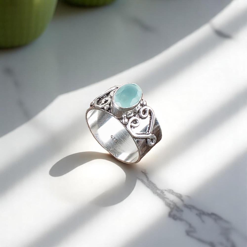 Aqua Chalcedony Gemstone 925 Sterling Silver Jewelry Handmade Ring Gift For Her RR-16-12