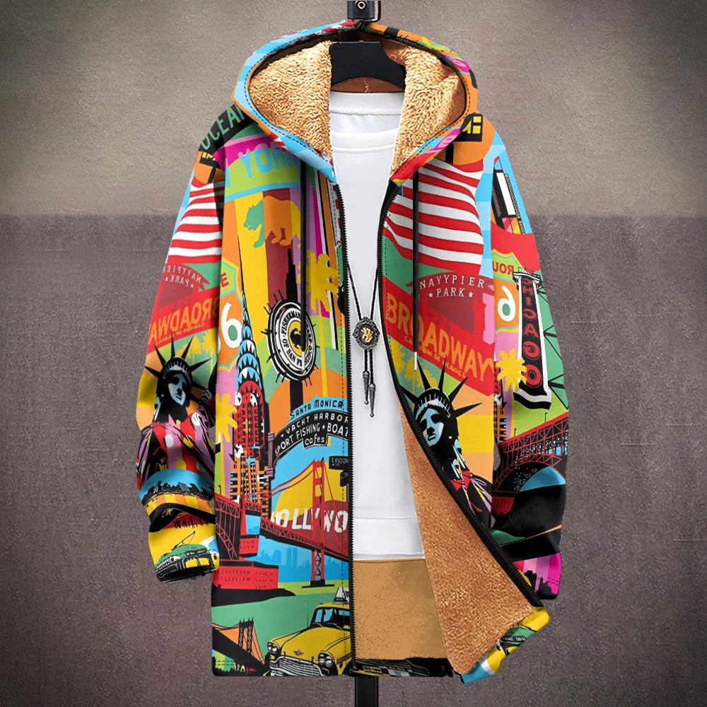 New jacket: multi-colored pattern elements, zipper hooded cardigan, thickened winter fleece padded clothes, yellow lining, trendy cotton clothes