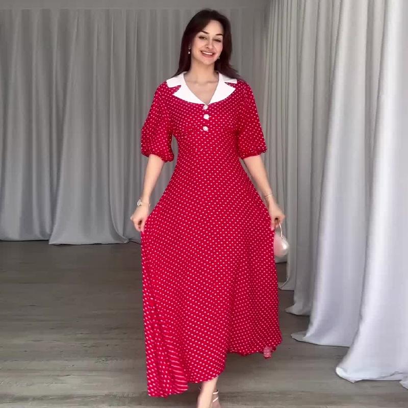 

Летнее платье в европейско-американском литературном стиле, колор-блок, воротник Питер Пэн, в горошек XXXL