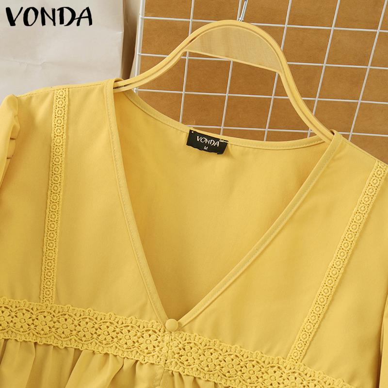 VONDA Women Casual Lace V-Neck Lantern Long Sleeve Blouses