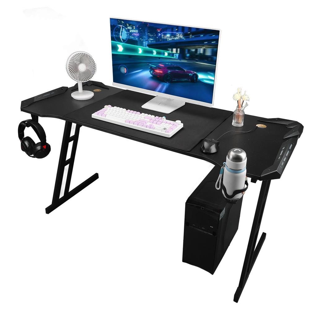 Gaming Desk with Mouse Pad Headphone Holder Steel Leg Removable LED Computer Workstation for
