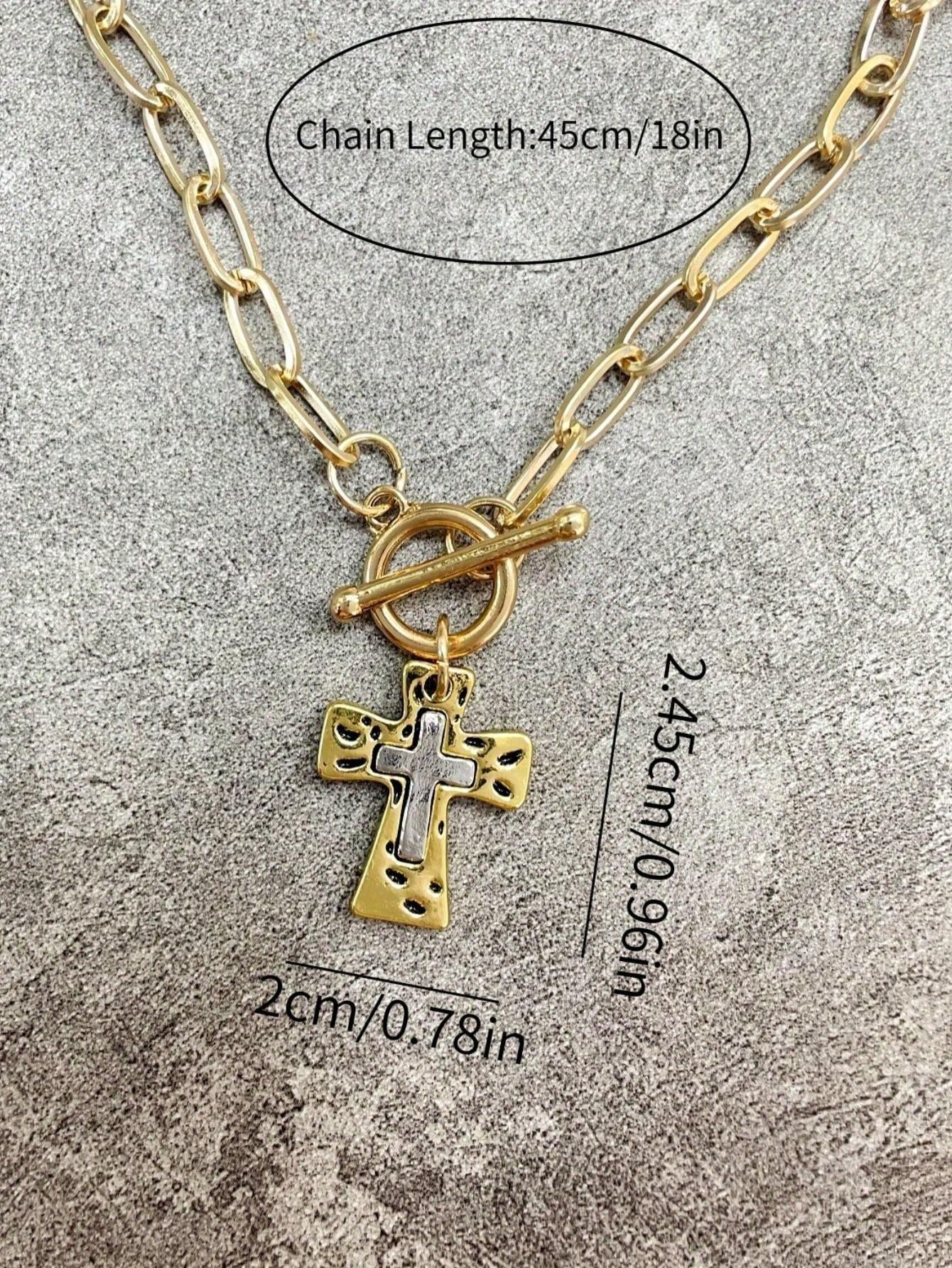 Retro Two - Tone Cross Pendant Necklace Vintage Religious Toggle Clasp Necklace Women‘s Daily Wear Jewelry Gift