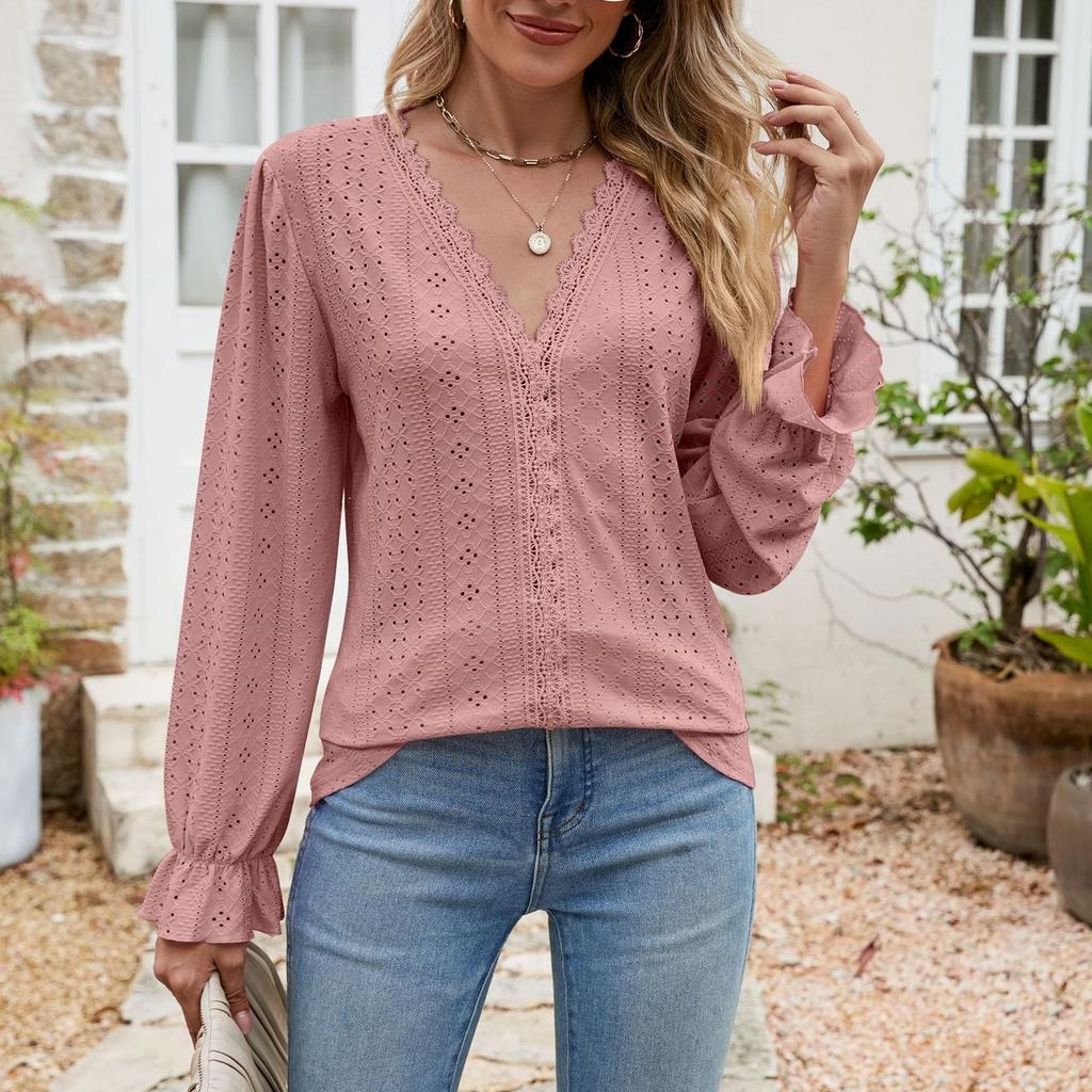 GMXIA Women's Fashion Casual Summer Spring Solid Color Print Long Sleeve V-Neck Loose Blouses & Shirts