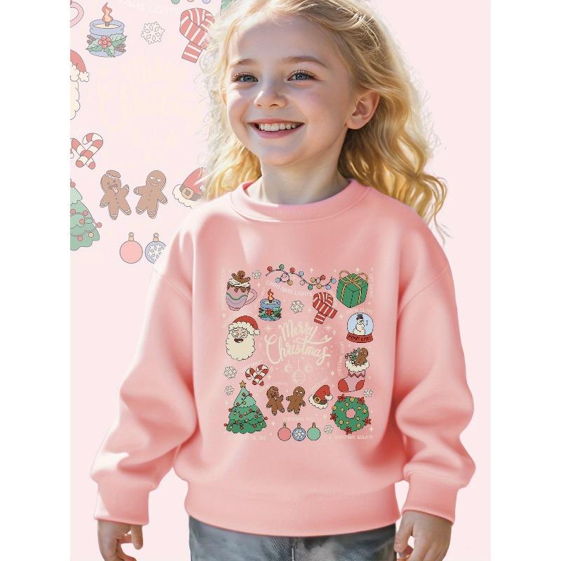Girls Christmas Delights: A Festive Collection of Icons Print Long Sleeve Crewneck Sweatshirt - Soft Casual Pullover