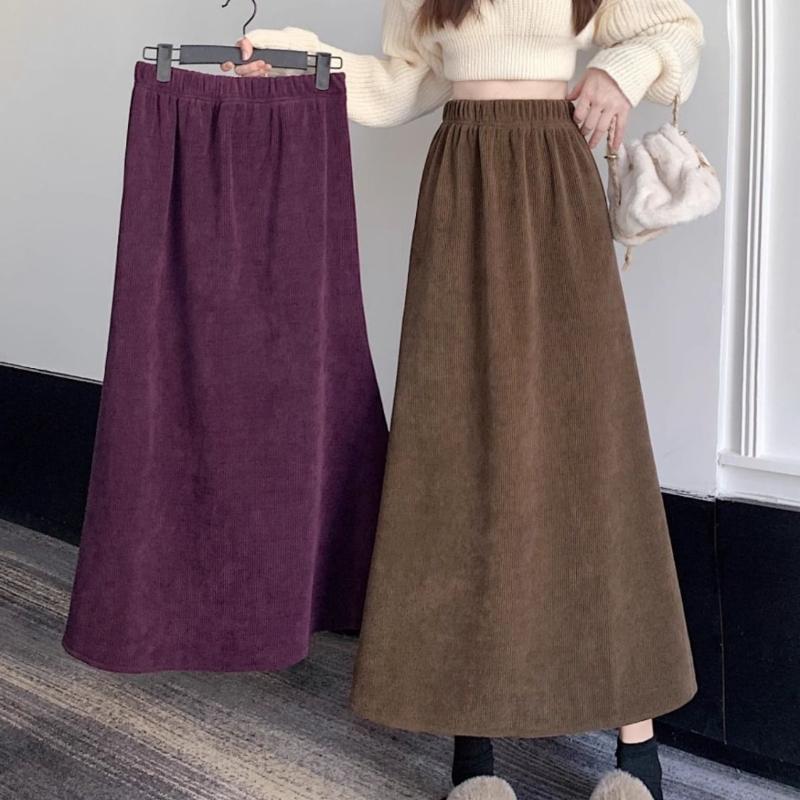 Autumn Winter Women's Fleece-Lined Thickened Corduroy Midi Skirt Retro High Waist Slim-Fit A-Line Long Skirt