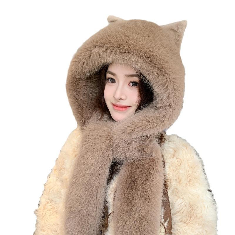 New Autumn and Winter Hats for Women Cute Bear Scarf Integrated Hats for Winter Warm Ear Protection Hats Thickened Outdoor Cold Hats