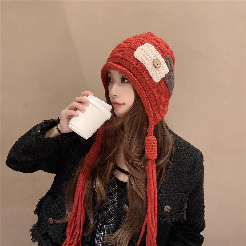 New Fashion Sticker Fringed Knitted Hat Women's Autumn and Winter Warm Wool Hat Christmas Little Red Riding Hood Shows Small Face