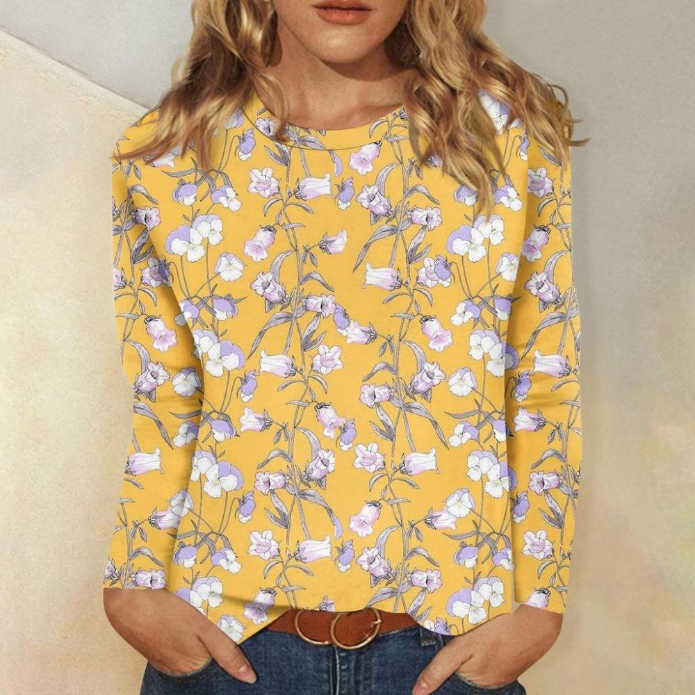 Women's Long Sleeved T-shirt with Round Neck and Leaf Print