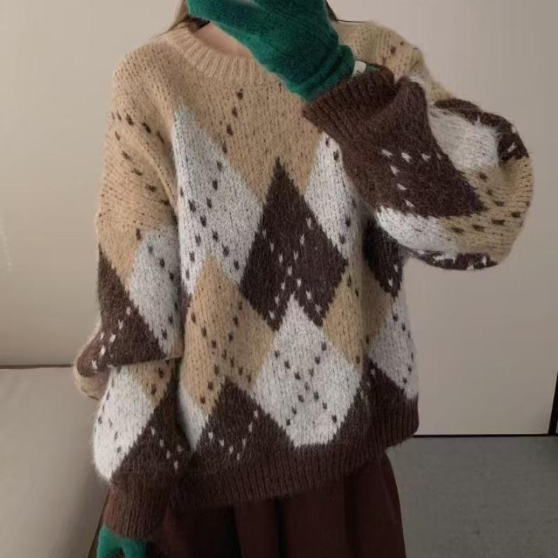 Vintage diamond Christmas knitted pullover sweater women's autumn and winter loose high-end casual round neck lazy wind knitted sweater women