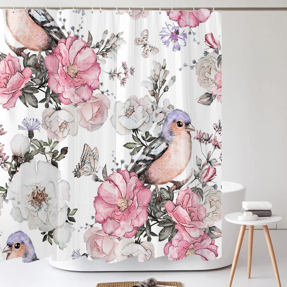 3D Colorful Flowers Leaves Birds Printing Bathroom Waterproof Shower Curtain with Hooks Home Decoration Polyester Bath Curtains