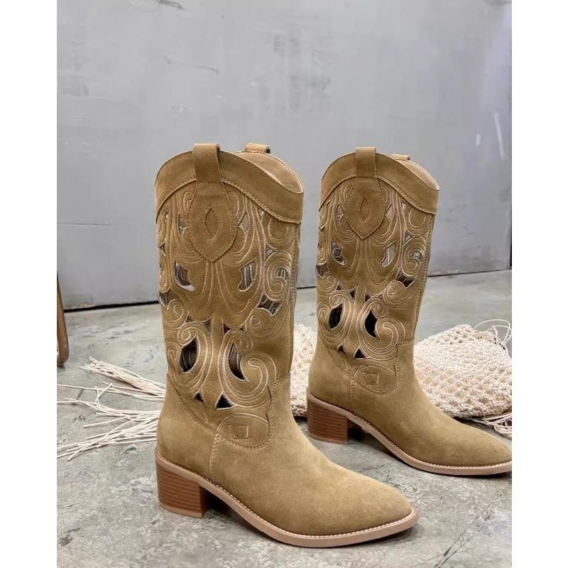 

New summer flowers on the other side~ ethnic style retro trend hollow embroidery breathable v-mouth western cowboy boots 34 хаки