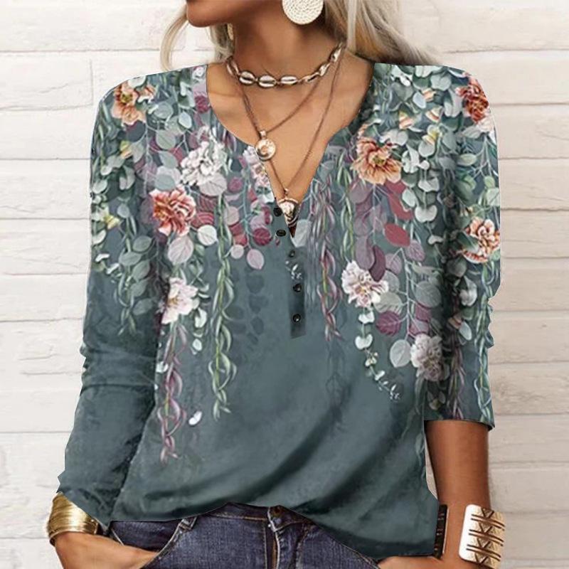 2023 Autumn/Winter European & American Women's Long-Sleeve Ethnic Print Fashion T-Shirt