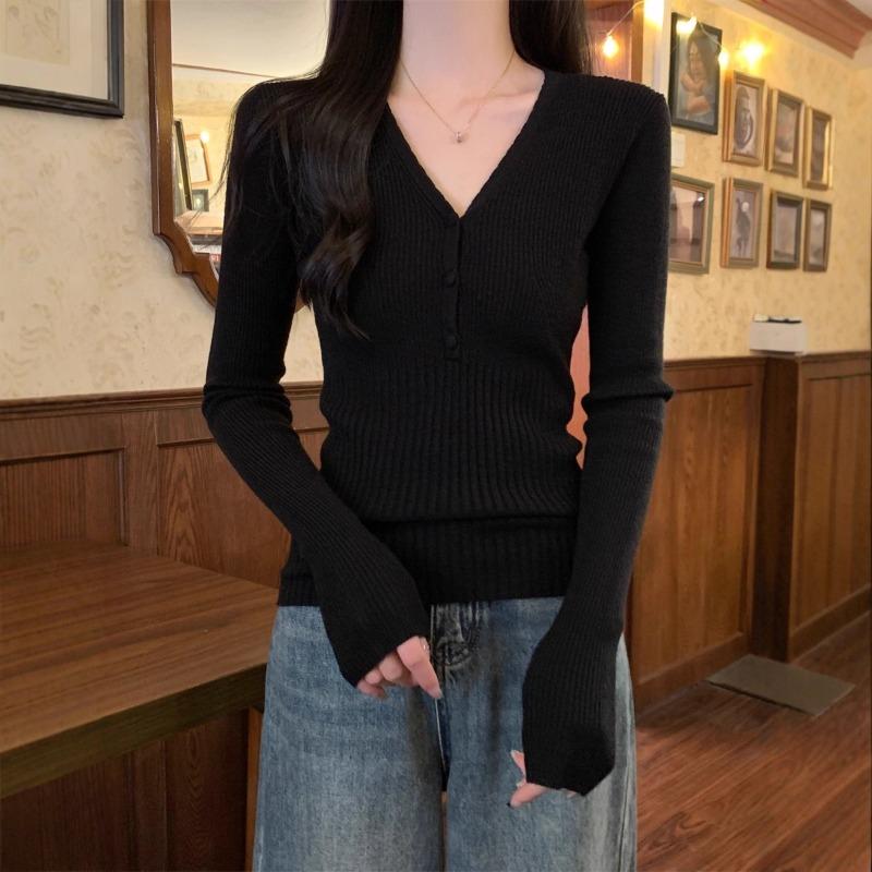 Autumn design button-neck knitted sweater women's inner pit strip bottoming sweater slim and thin