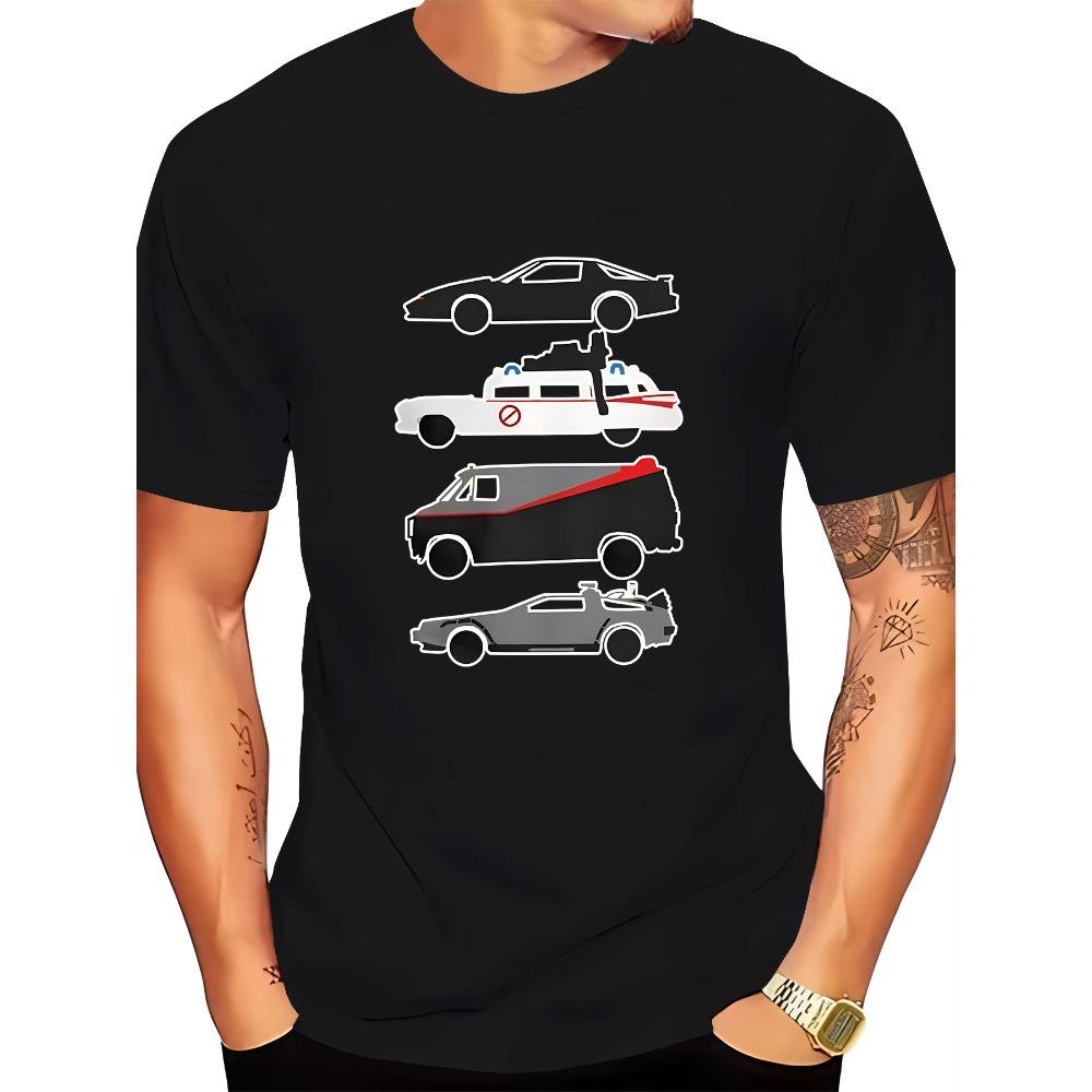 Stylish Black Graphic Tee - Men's Premium Casual T-Shirt with Unique Car Print, Round Neck, Summer Fashion, Machine Washable,