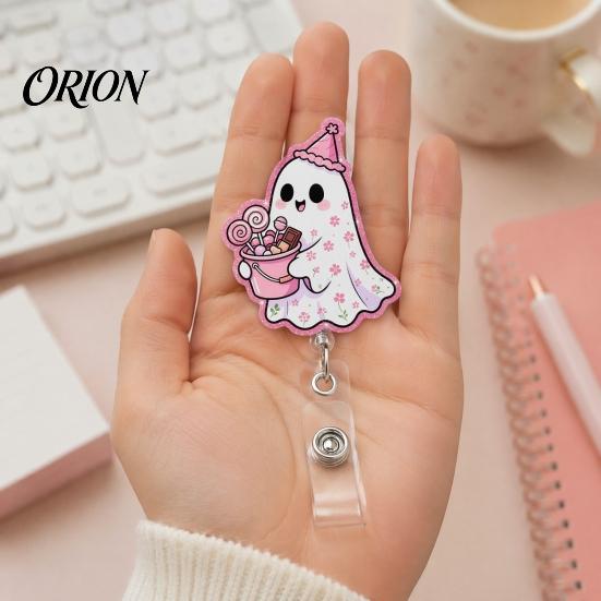 Decorative Badge Holder for Nurses Halloween Ghost Reel, Glitter Acrylic Retractable Clip, Cute Pink Durable ID Reel Name Women Nurse Teacher Medical