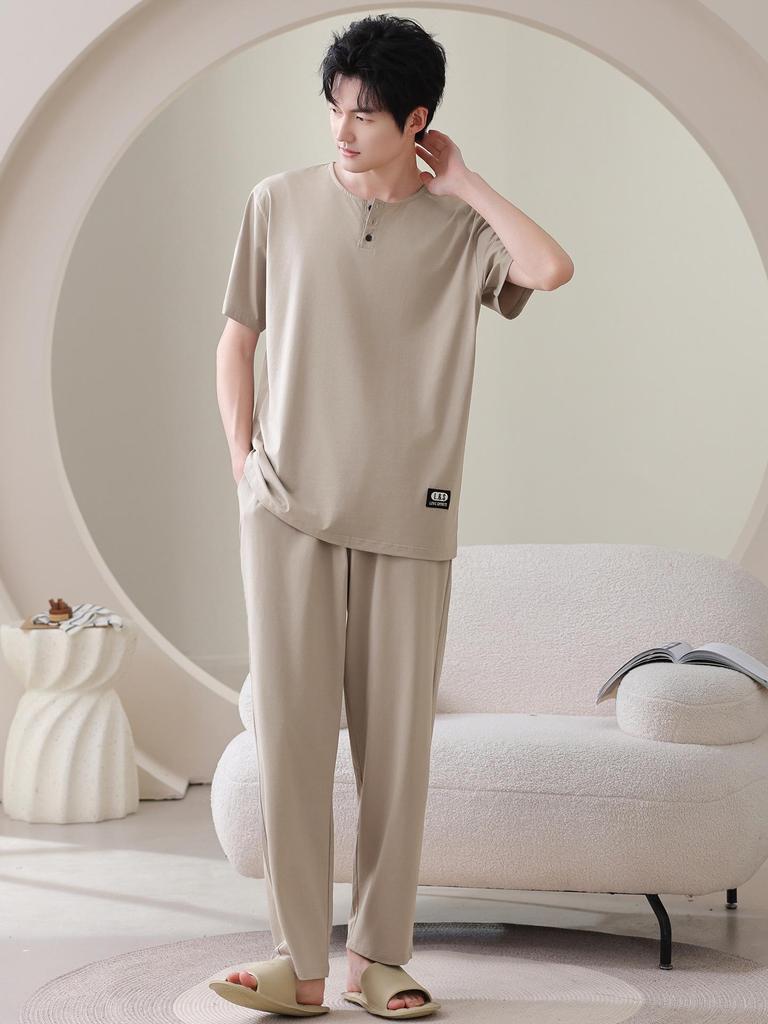 Men's Summer Cotton Pajama Set: Short Sleeve Top & Long Pants, Loose Fit, Outdoor & Home Wear