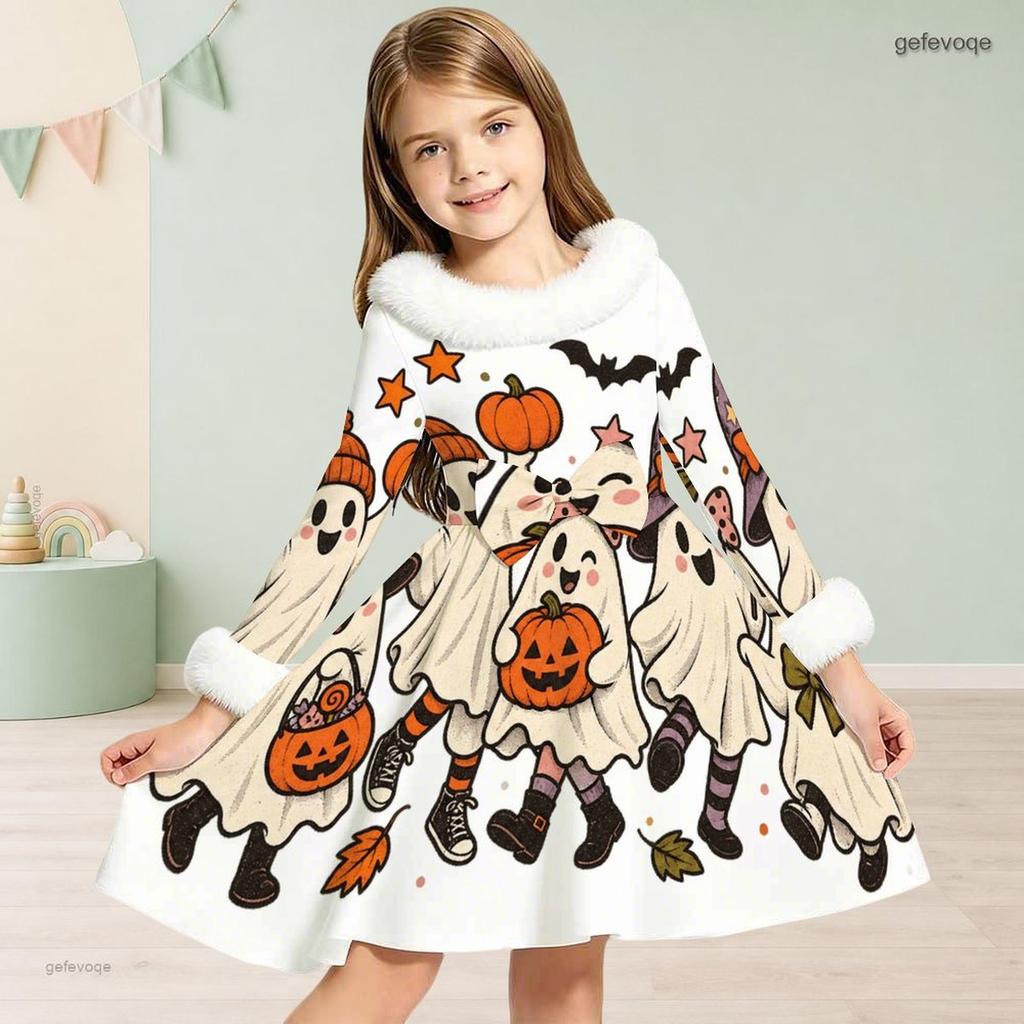 Girls High Neck Furry Trim Long Sleeve Halloween Tiger Printed A Line Flared Dress